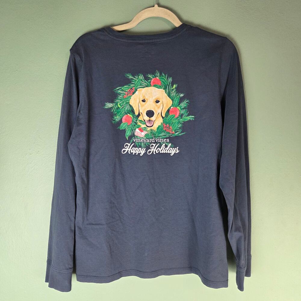 Vineyard Vines Family's Best Friend Dog Happy Holidays Blue Long Sleeve T Shirt